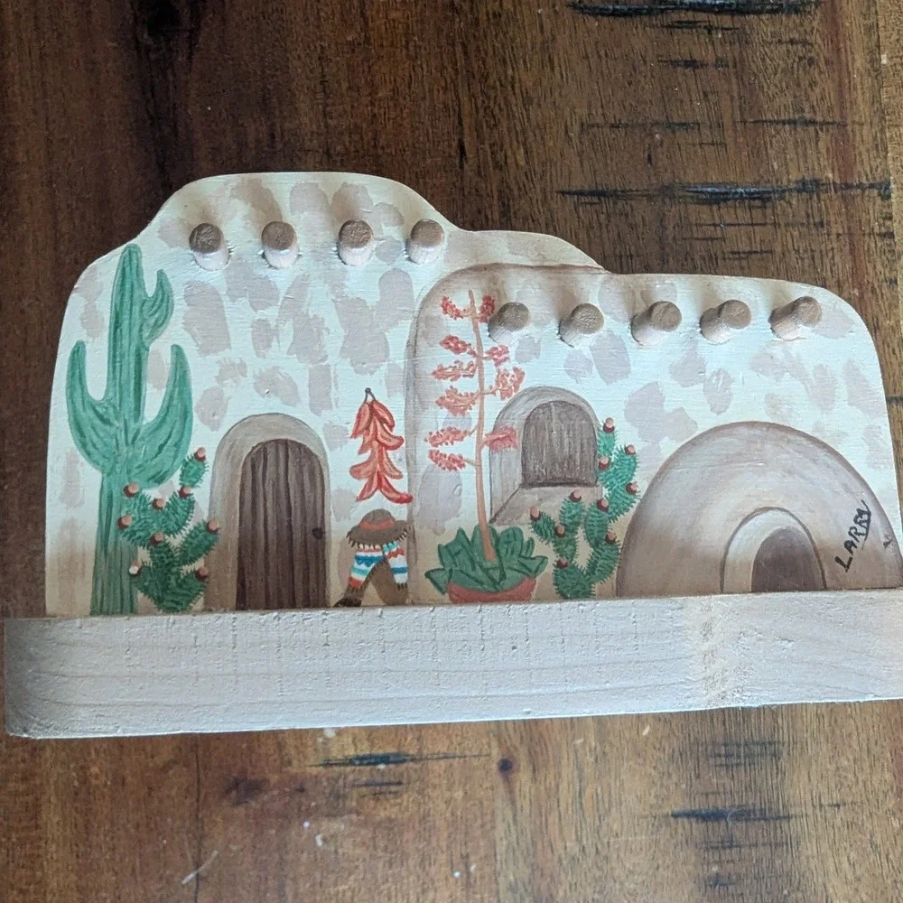 Vtg Wood Craft Originals Coaster Set‎ w/ Handmade Holder Southwestern Folk Art